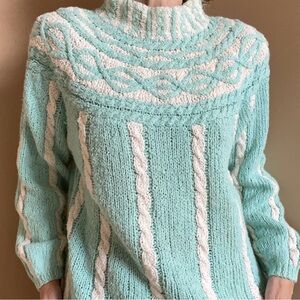 JEANNE PIERRE Mint and White Cable Knit Sweater